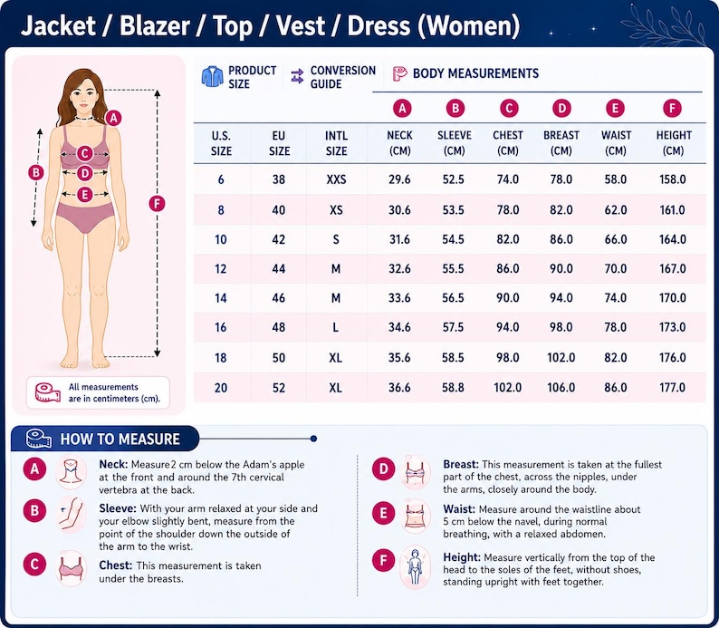 May include: A size conversion chart for jackets, blazers, tops, vests, and dresses. The chart includes a diagram of a figure with labeled measurement points A through F, a table of U.S., EU, and international sizes, and instructions for measuring.