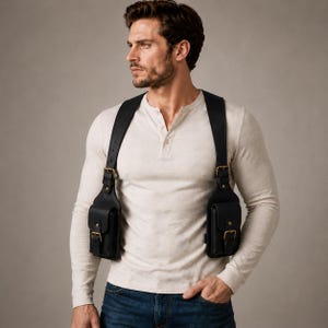 May include: A black leather shoulder holster featuring two vertical pouches with brass-toned buckles and hardware. The harness system consists of wide straps that cross over the chest and shoulders, securing the two rectangular storage compartments.