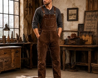 Op de afbeelding: Een donkerbruine suède tuinbroek met een borstzak, metalen gespen en verstelbare schouderbanden, gedragen over een antracietgrijs henley-shirt met lange mouwen. De tuinbroek heeft een recht model en zichtbare stiksels langs de naden.