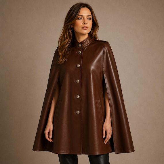 Women Brown Leather Cape Coat Luxury High Neck Button Cloak Jacket