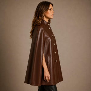 May include: A dark brown leather cape featuring a high collar, a vertical row of silver-toned buttons down the front, and side arm openings. The garment has a structured shoulder design and a flared silhouette that extends to the mid-thigh area.