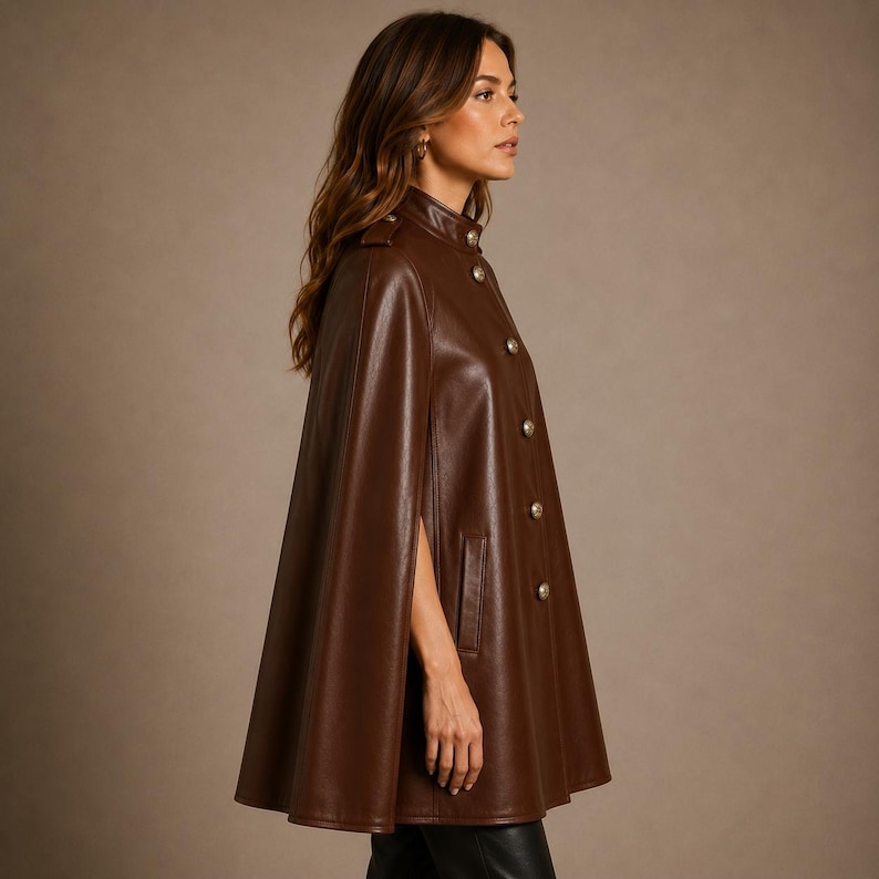 May include: A dark brown leather cape featuring a high collar, a vertical row of silver-toned buttons down the front, and side arm openings. The garment has a structured shoulder design and a flared silhouette that extends to the mid-thigh area.