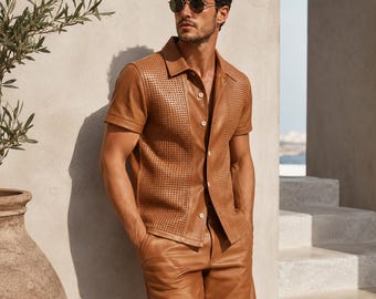 Zomerset heren leren shirtshorts lichtgewicht echt leer resortkleding