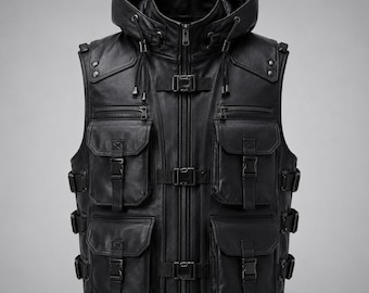 Op de afbeelding: Een zwart leren vest met een capuchon met trekkoorden, een ritssluiting over de hele lengte en drie horizontale gespriemen. Het kledingstuk heeft vier grote buitenzakken met klepsluitingen en gespen, plus verstelbare riemen aan de zijkanten.