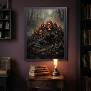 Glowing Jack-o'-Lanterns on a Tangled Mound, Dark Gothic Canvas Art, Spooky Pumpkin Patch Print