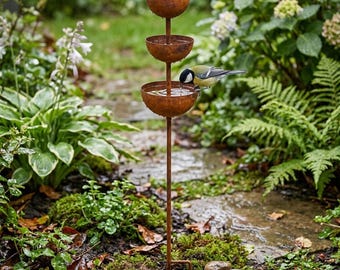 Metal 3-Tier Bird Bath Stake Rust Rain Catcher Garden Feeder Yard Art