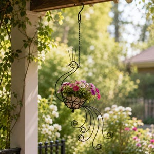 May include: A black metal hanging planter shaped like a peacock with a wire frame body. The planter holds a small white pot filled with pink, purple, and white petunia flowers. It hangs from a metal chain and hook, featuring a long tail design.