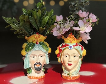 King and Queen Head Resin Vase, Italian Caltagirone Style Face Pots, Unique Boho Home Decor Gift