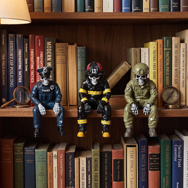 Skeleton First Responder Shelf Sitters, Police Officer Firefighter Soldier Skull Figurine, Gothic Halloween Decor, Gifts for Hero