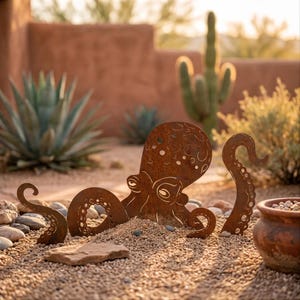 May include: A flat, rust-colored metal octopus sculpture featuring cut-out circular patterns on its head and detailed suction cup designs along its curved tentacles, partially embedded in a bed of small, light-colored gravel stones.