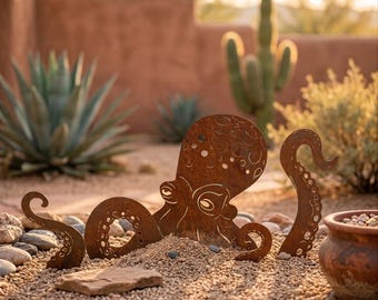 Rusty Metal Octopus Garden Stake Set, Coastal Yard Art Decor, Patina Sea Creature Lawn Ornament, Beach House Outdoor Gift, Ocean Art