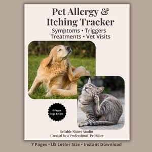 Può includere: Un documento per il monitoraggio di allergie e prurito negli animali domestici con il testo Pet Allergy & Itching Tracker, Symptoms, Triggers, Treatments, Vet Visits, 6 Pages Dogs & Cats, Reliable Sitters Studio, Created by a Professional Pet Sitter.