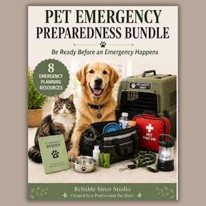 May include: A pet emergency preparedness bundle featuring a golden retriever and a tabby cat. Includes a green pet carrier, a red pet first aid kit, a green binder labeled Pet Emergency Binder, a metal bowl, a black bag, a lantern, and a leash.