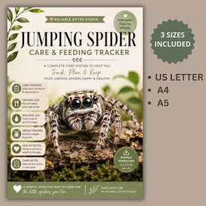 Peut inclure: Un document numérique de suivi des soins et de l'alimentation des araignées sauteuses avec une image centrale d'araignée sur de l'écorce. Le texte indique "Jumping Spider Care & Feeding Tracker", "3 Sizes Included", "US Letter", "A4" et "A5".