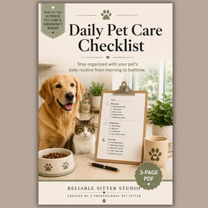 May include: A Daily Pet Care Checklist document on a clipboard with a pen, featuring a golden retriever and a tabby cat. The text reads: Part of the Ultimate Pet Care & Emergency Binder, Daily Pet Care Checklist, Stay organized with your pet's daily routine from morning to bedtime, Reliable Sitter Studio, Created by a professional pet sitter, 3-page PDF.