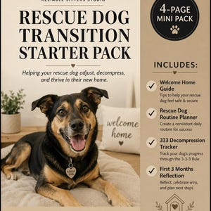 May include: A digital flyer for a Rescue Dog Transition Starter Pack by Reliable Sitters Studio. It features a black and tan dog with a heart-shaped tag, and lists a 4-page mini pack including a Welcome Home Guide, Routine Planner, 333 Tracker, and Reflection.