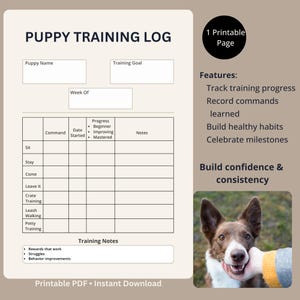 May include: A beige puppy training log printable PDF featuring a table with columns for command, date started, progress, and notes. The document includes fields for puppy name, training goal, week of, and training notes, plus a photo of a dog.