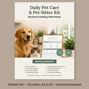 Daily Pet Care Checklist & Pet Sitter Kit, Dog and Cat Routine Tracker, Fillable PDF