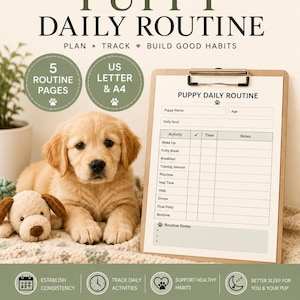 Op de afbeelding: Een dagelijkse routineplanner voor puppy's op een klembord met een golden retriever puppy en een knuffel. Het document bevat velden voor de naam van de puppy, leeftijd, dagelijks doel en een schema voor activiteiten en maaltijden.