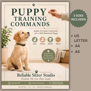 Puede incluir: Una guía imprimible de entrenamiento para cachorros con un cachorro golden retriever, texto verde oscuro e iconos para aprender, practicar, premiar y repetir. El documento enumera tres tamaños incluidos: US Letter, A4 y A5, con la marca Reliable Sitter Studio.