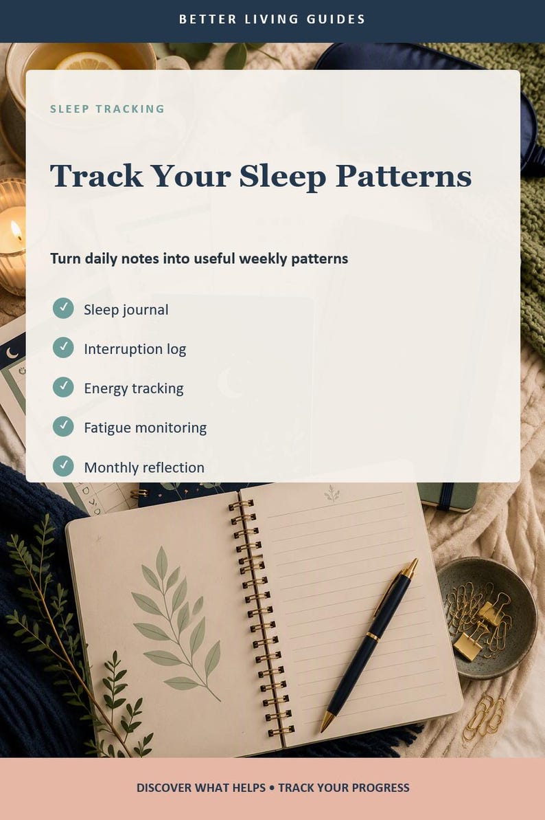 Op de afbeelding: Een slaap-tracking gids met de tekst Better Living Guides, Sleep Tracking, Track Your Sleep Patterns en Turn daily notes into useful weekly patterns. Het bevat functies zoals een slaapdagboek, onderbrekingslogboek, energie-tracking, vermoeidheidsmonitoring en maandelijkse reflectie. Een open spiraalnotitieboek met gelinieerde pagina's en een pen zijn zichtbaar.
