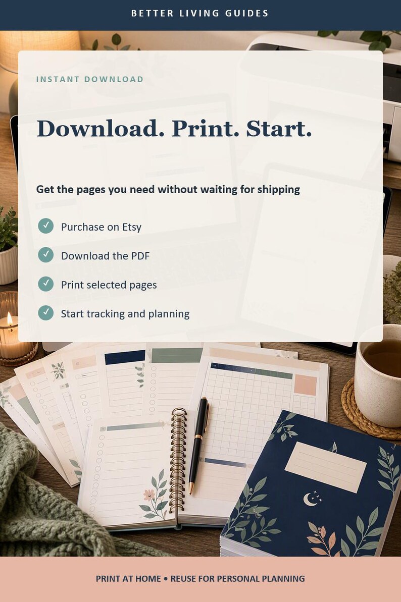 Op de afbeelding: Een digitale planner-set met een donkerblauwe kaft met een maan- en bladpatroon, een spiraalnotitieboek en losse vellen met raster- en lijstindelingen. De tekst bevat "BETTER LIVING GUIDES", "Download. Print. Start." en diverse instructies.