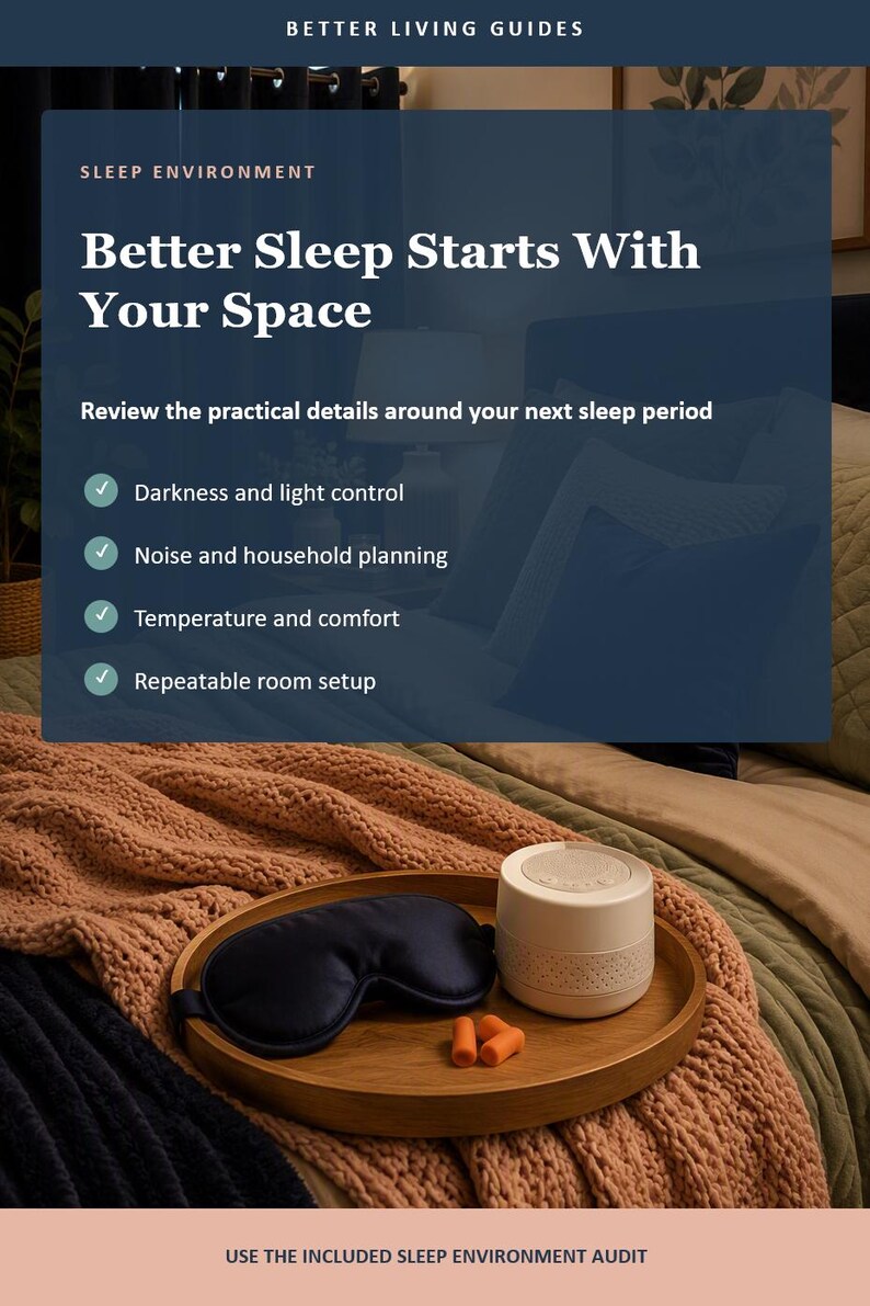 Op de afbeelding: Een marineblauw slaapmasker, een wit geluidsapparaat en twee oranje schuimrubberen oordopjes op een rond houten dienblad. De afbeelding bevat de tekst: Better Living Guides, Sleep Environment, Better Sleep Starts With Your Space en een lijst.