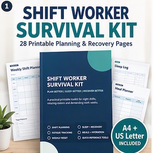 Könnte beinhalten: Ein Schichtarbeiter-Survival-Kit mit 28 druckbaren Planungs- und Erholungsseiten. Das dunkelblaue Cover zeigt den Text Shift Worker Survival Kit, Plan Better, Sleep Better, Recover Better sowie eine Liste von Tools. A4 und US Letter Formate enthalten.