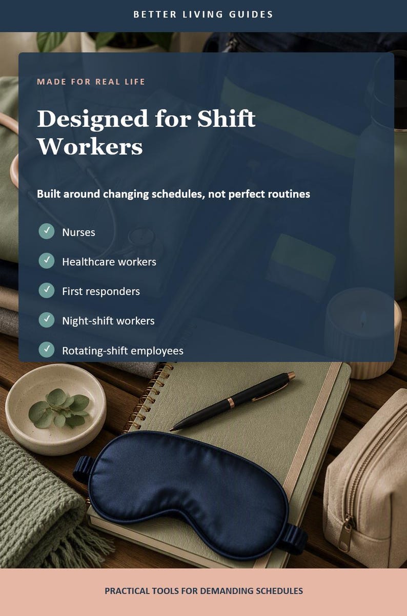Op de afbeelding: Een marineblauw slaapmasker, een zwarte pen, een groen notitieboek, een beige etui met rits en een klein wit schaaltje met groene blaadjes. De tekst luidt: BETTER LIVING GUIDES, MADE FOR REAL LIFE, Designed for Shift Workers, Built around changing schedules, not perfect routines, Nurses, Healthcare workers, First responders, Night-shift workers, Rotating-shift employees, PRACTICAL TOOLS FOR DEMANDING SCHEDULES.