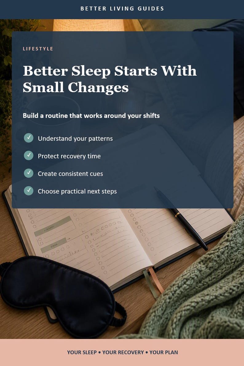 Op de afbeelding: Een open planner met een zwarte pen, een zwart slaapmasker en een groene gebreide deken. De tekst luidt: Better Living Guides, Lifestyle, Better Sleep Starts With Small Changes, Build a routine that works around your shifts, en Your Sleep, Your Recovery, Your Plan.