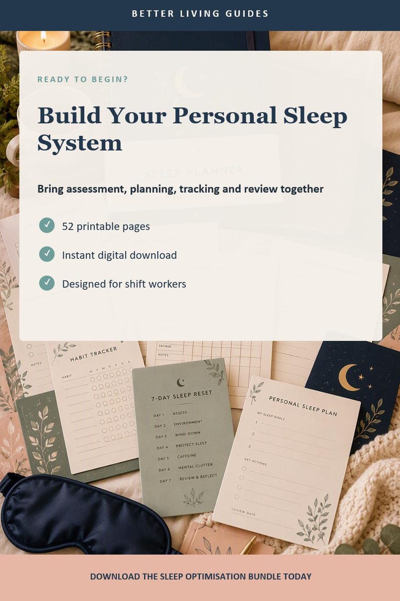 Op de afbeelding: Een digitale slaapplanner met 52 printbare pagina's, inclusief een 7-daagse slaapresetgids, gewoonte-tracker en persoonlijk slaapplan. Het document bevat de tekst Build Your Personal Sleep System en Designed for shift workers.