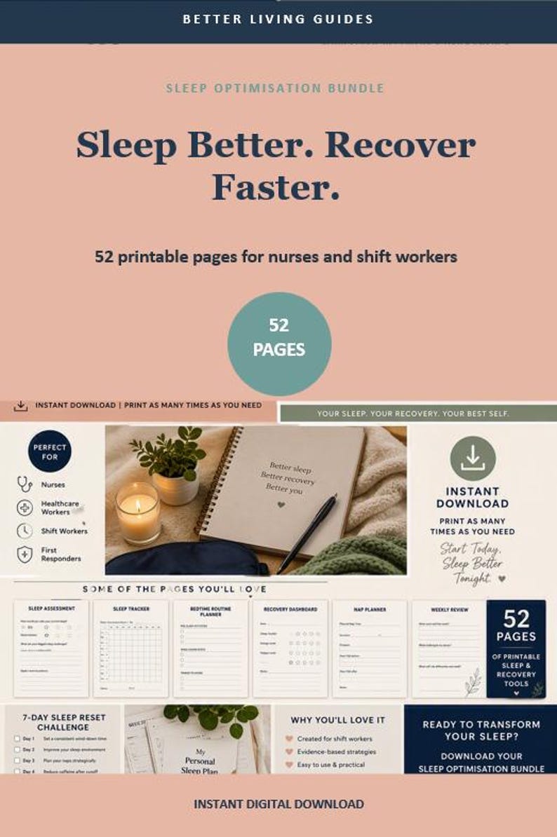 May include: A digital sleep optimisation bundle featuring 52 printable pages for nurses and shift workers. The layout includes text headers, a spiral-bound notebook, a candle, a plant, and previews of sleep assessment and tracking forms.