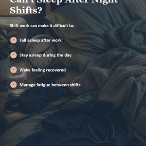 Op de afbeelding: Een infographic getiteld Better Living Guides: The Problem, Can't Sleep After Night Shifts? Het somt moeilijkheden op: in slaap vallen na werk, doorslapen overdag, uitgerust wakker worden en vermoeidheid beheren. Start building a better sleep routine.