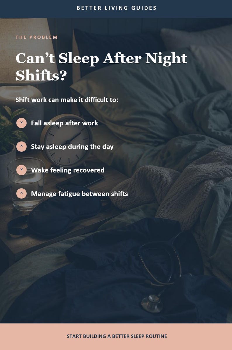 Op de afbeelding: Een infographic getiteld Better Living Guides: The Problem, Can't Sleep After Night Shifts? Het somt moeilijkheden op: in slaap vallen na werk, doorslapen overdag, uitgerust wakker worden en vermoeidheid beheren. Start building a better sleep routine.
