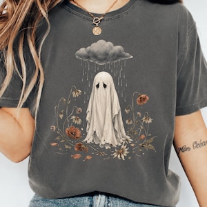 Sad Ghost PNG, Broken Flowers Ghost PNG, Rain Cloud Ghost Design, Gothic Halloween PNG, Spooky Floral Sublimation
