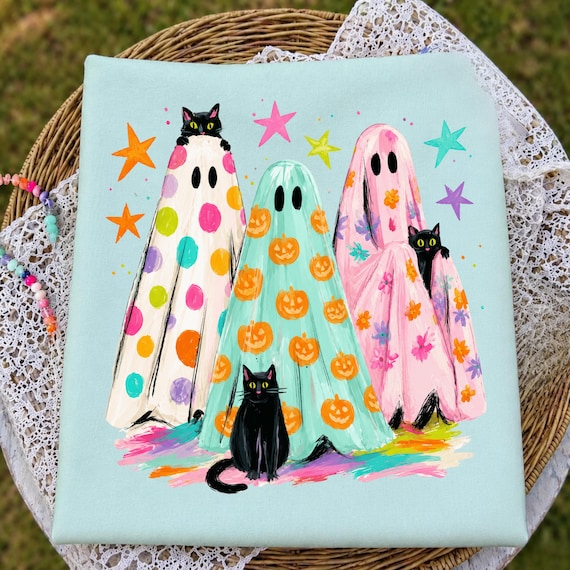 Preppy Halloween Ghost Cat PNG, Cute Ghost PNG, Black Cat Halloween PNG, Coquette Halloween Design, Retro Spooky png, Black Cat png