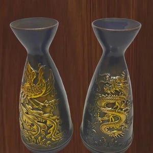 Jarra de vino antigua china de cobre puro dorado con tallado de dragón y fénix (un par), decoración para el hogar, regalo.