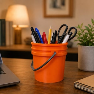 May include: An orange bucket filled with pens, pencils, and scissors sits on a wooden desk. The bucket has a black handle and is next to a laptop, a notebook, and a potted plant. The pens are black, blue, red, and white.