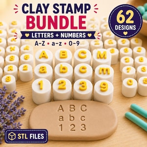 May include: A clay stamp bundle featuring 62 designs including letters and numbers. The set includes white cylindrical stamps with raised yellow characters for A-Z, a-z, and 0-9. A tan clay slab shows the stamped impressions of A, B, C, a, b, c, 1, 2, 3.