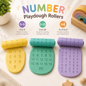 Puede incluir: Tres rodillos cilíndricos para plastilina en amarillo, verde azulado y morado, cada uno con números en relieve. El rodillo amarillo muestra los dígitos 0-9, el verde 0-20 y el morado secuencias de 0-9. El texto dice NUMBER Playdough Rollers.