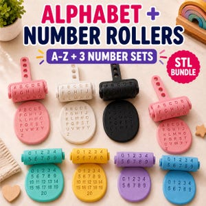 May include: A set of alphabet and number rollers in pink, white, black, teal, yellow, and purple. The rollers feature raised letters A-Z or numbers 0-20. Each roller is paired with a matching circular stamp showing the same characters in a grid.