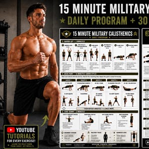 May include: A fitness poster titled 15 Minute Military Calisthenics featuring a daily program and a 30-day challenge. The chart displays exercise routines, diagrams of body movements, and a 30-day schedule with text instructions for warm-ups, main workouts, and cool-downs.