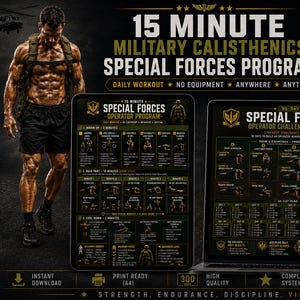 Puede incluir: Una guía de fitness digital titulada 15 Minute Military Calisthenics Special Forces Program mostrada en una tableta y una pantalla de portátil. Los gráficos incluyen rutinas de ejercicio, instrucciones y una figura musculosa.