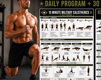 Allenamento completo di calisthenics militare per tutto il corpo, 15 minuti al giorno + sfida di 30 giorni. Disponibile in inglese e tedesco.
