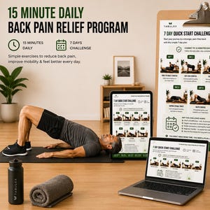 May include: A 15-minute daily back pain relief programme displayed on a clipboard, a laptop, a tablet, and a smartphone. The programme features a 7-day quick start challenge with exercise illustrations, including knee-to-chest, pelvic tilts, and bridges.