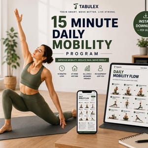 May include: A digital 15-minute daily mobility programme guide by Tabulex, displayed on a tablet and smartphone. The guide features a daily mobility flow with instructional exercise illustrations, text, and icons for home use, accessible as an instant download.