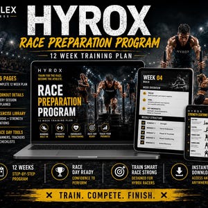 Könnte beinhalten: Ein digitales 12-wöchiges Hyrox-Rennvorbereitungsprogramm auf einem Laptop, Tablet und Smartphone. Die Bildschirme zeigen Trainingspläne, Workout-Details und Anleitungen für Kraftstationen mit Texten wie Race Preparation Program.