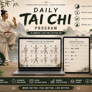 Puede incluir: Un programa diario de Tai Chi digital mostrado en una computadora portátil, una tableta y un teléfono inteligente. Las pantallas muestran una rutina de 8 pasos, un rastreador de progreso de 30 días y una rutina matutina de 5 minutos.