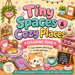 Può includere: Una copertina di libro da colorare colorata intitolata "Tiny Spaces & Cozy Places". L'immagine presenta un gatto, una tazza di caffè, un taccuino e stanze in miniatura. Il libro promette 15 mini stanze isometriche da colorare e godere.