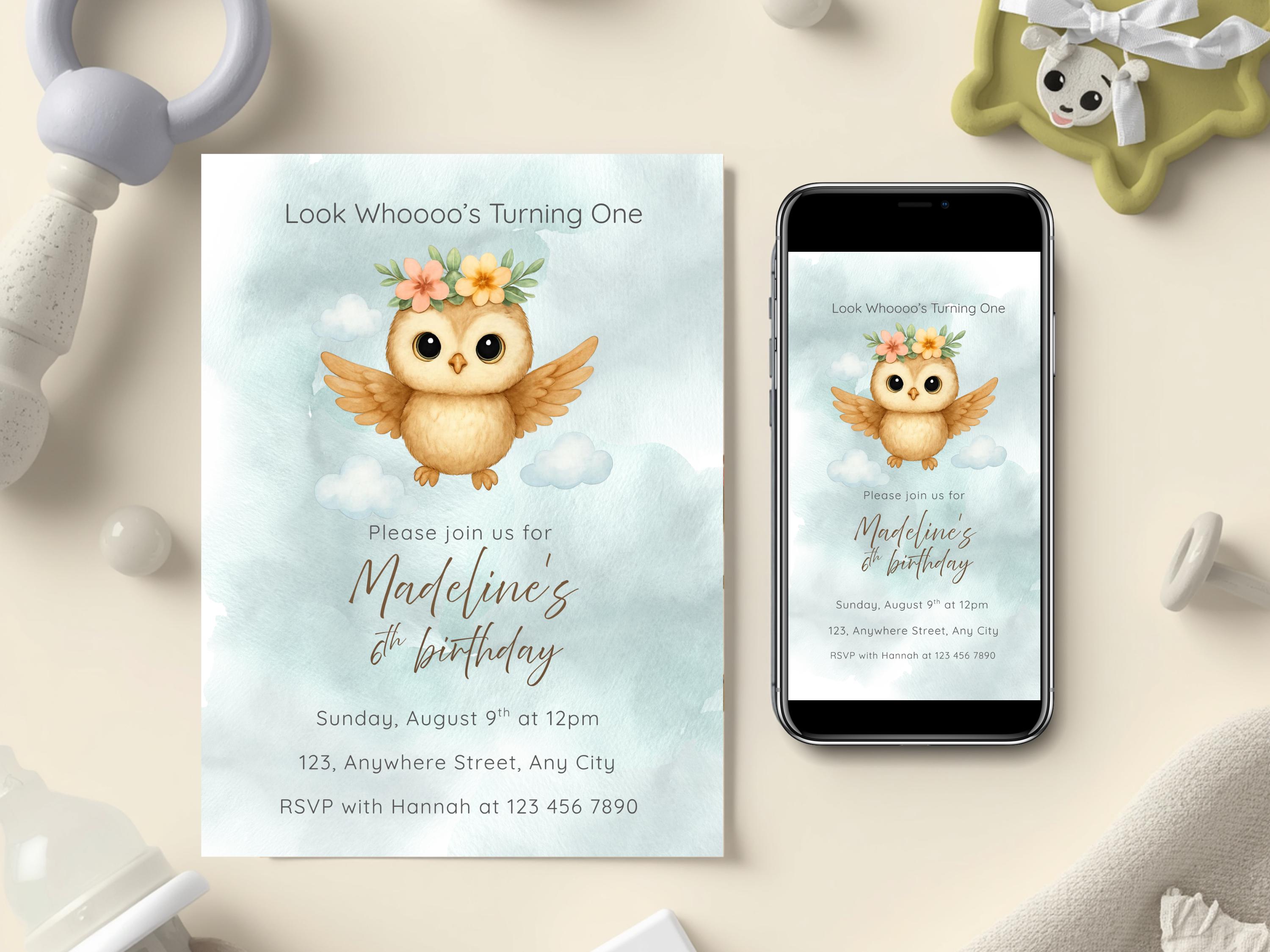 Little Owl Birthday Invitation - Editable Template, Printable invite, Digital Download | Mystical, A